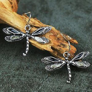 Vintage Silver Dragonfly Dangle Drop Earrings - NEW
